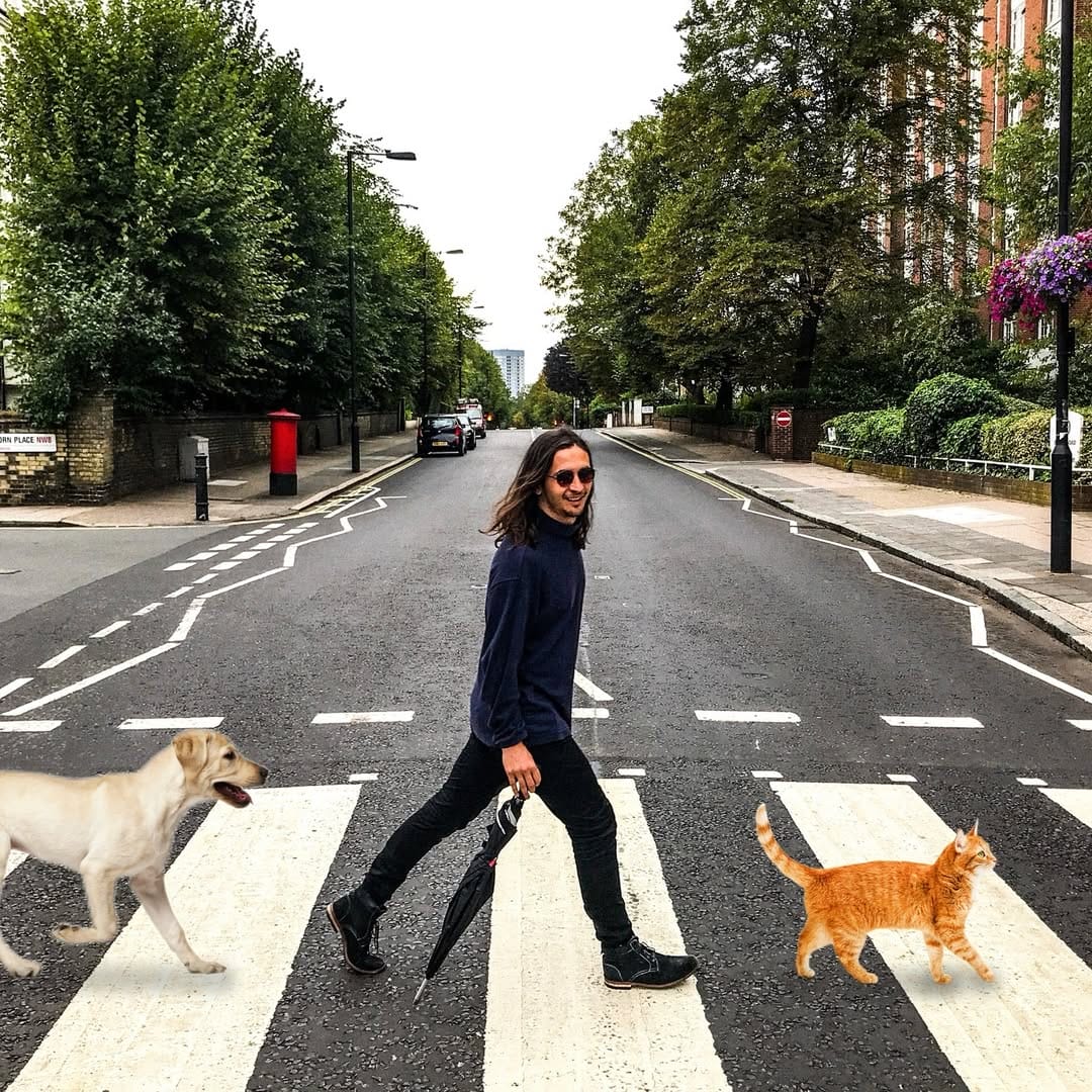 Artist walks outdoors in daylight, smiling with a cat and dog. 