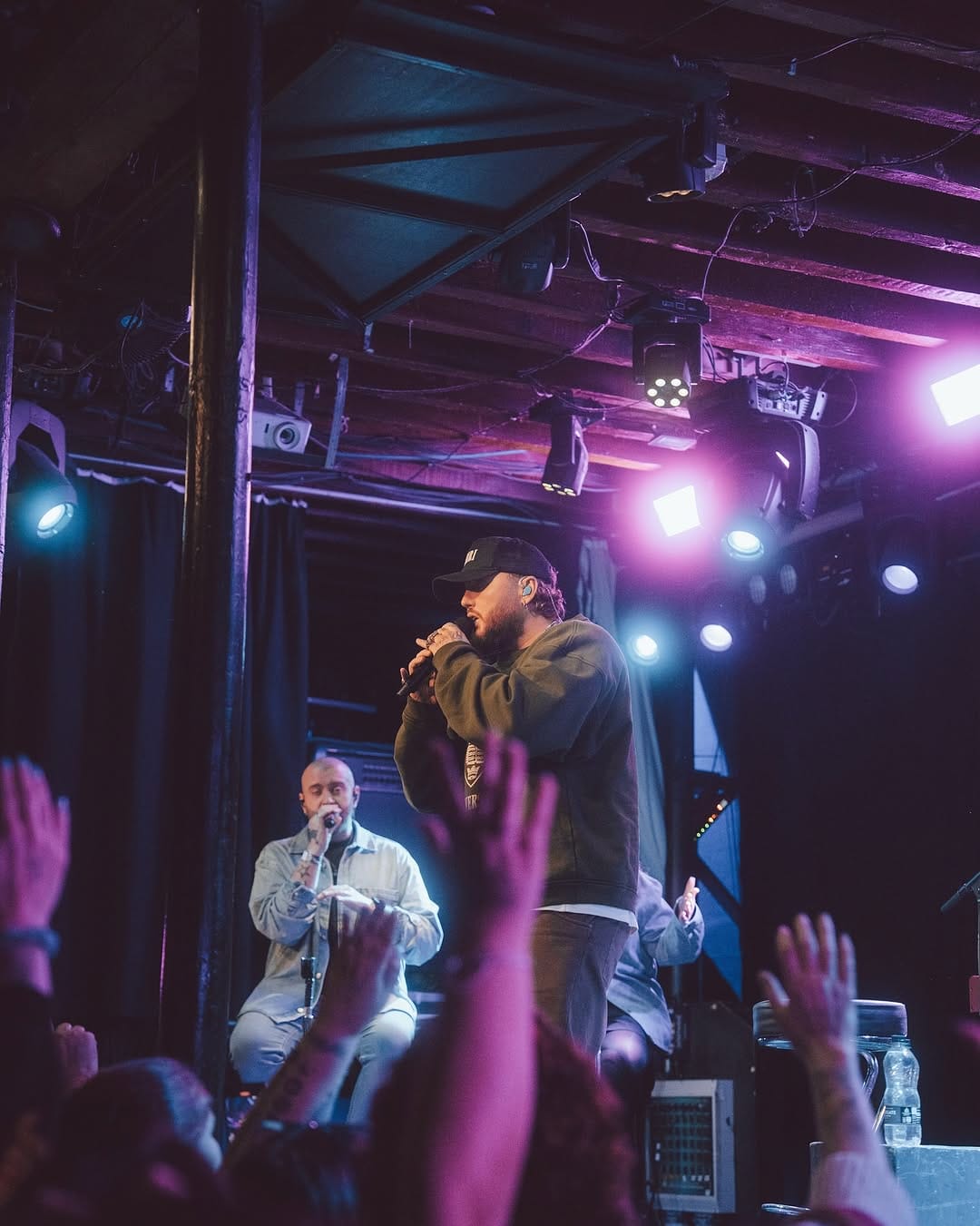 Artist performing in a venue to a crowd. 