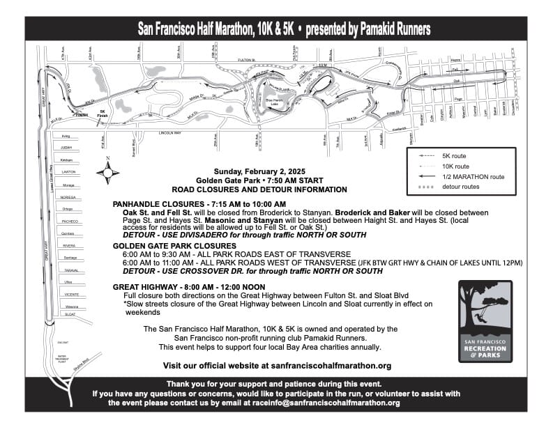 Map laying out the San Francisco half marathon for road closures.