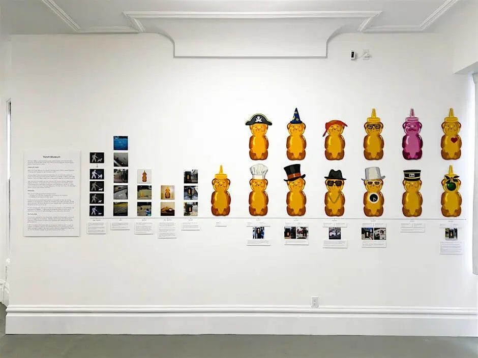 A display of fnnch honey bear paintings inside the fnnch Museum in a Pink Painted Lady home in San Francisco.