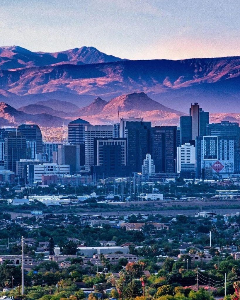 Phoenix Arizona skyline with mountains in desert landscape