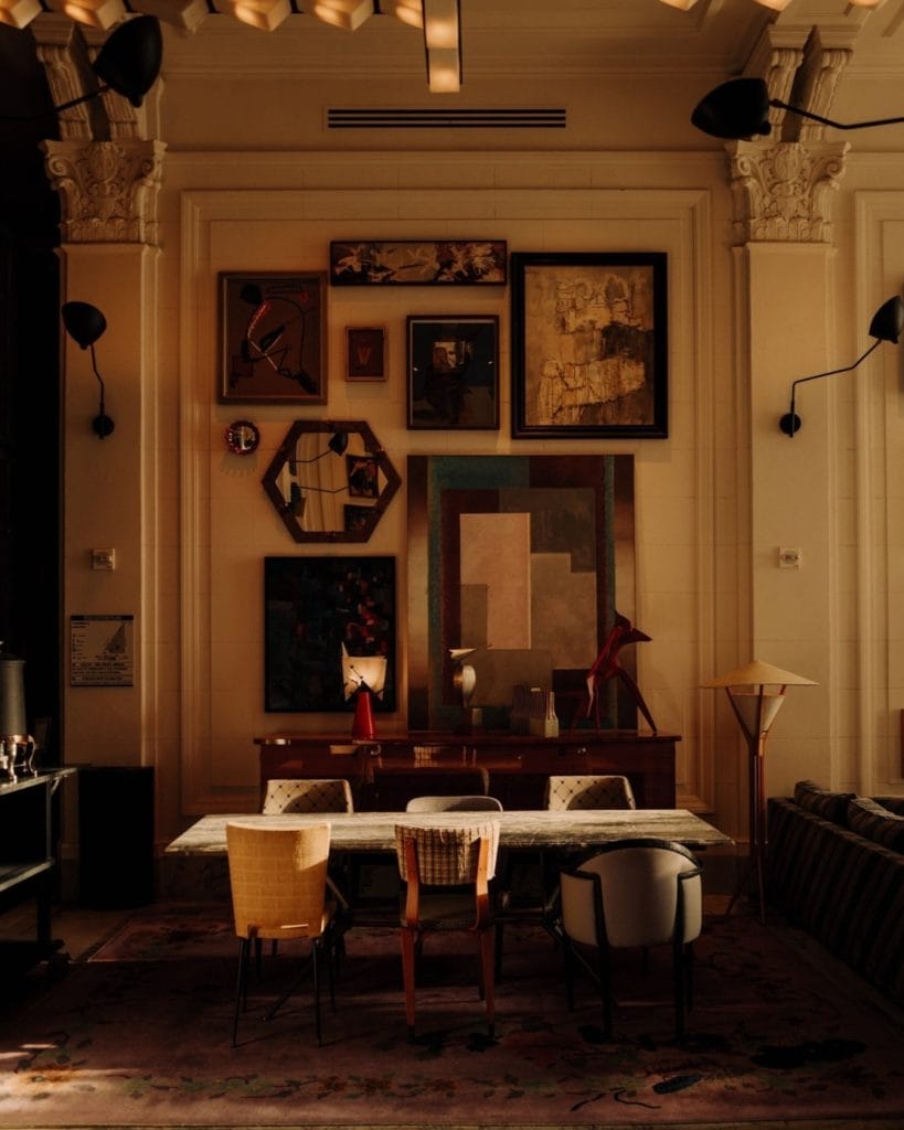 Cozy boutique hotel interior in San Francisco with warm lighting and decor