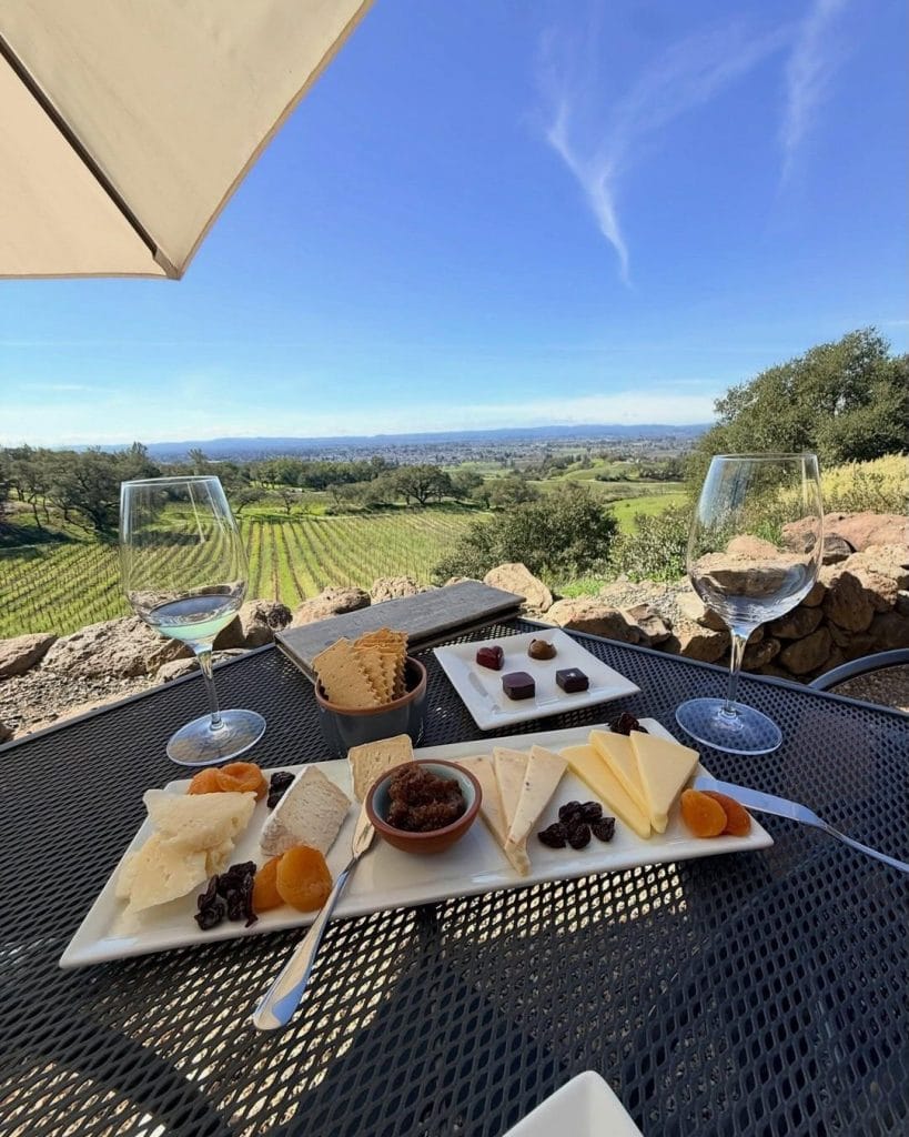 Vineyard view with wine glasses and breakfast in Sonoma California cozy wine country getaway