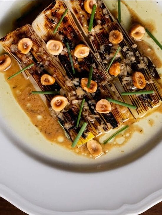 Angler San Francisco, Roasted Leeks, Brown Butter Hazelnuts, Warm Sherry Vinaigrette.