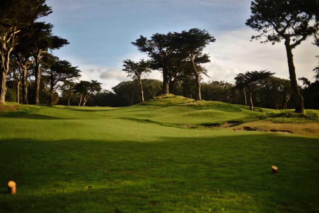 Golf course fairway surrounded by tall trees with a tee area in the foreground and a green under a partly cloudy sky.