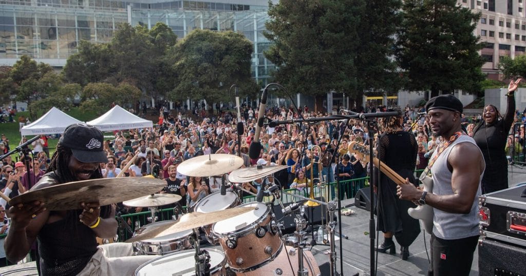 Things To Do in San Francisco This June 2026, with musicians performing onstage at Yerba Buena Gardens Festival in front of a large crowd.