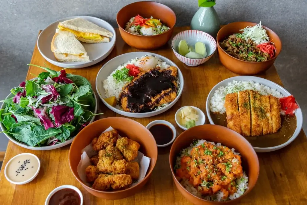 Japanese comfort food spread with tonkatsu and curry rice dish. restaurants near Oracle Park San Francisco