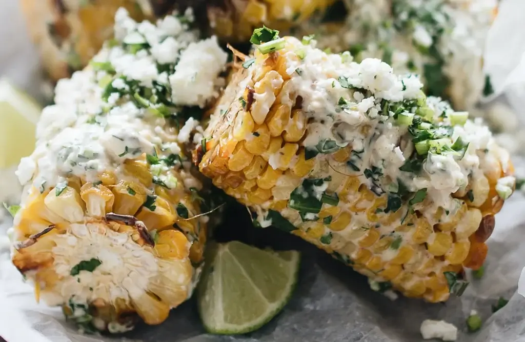 Mexican Street corn topped with cotija cheese and chopped cilantro