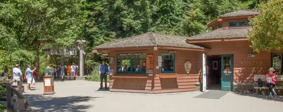 Muir Woods Visitor center entrance plaza, Redwoods and trails