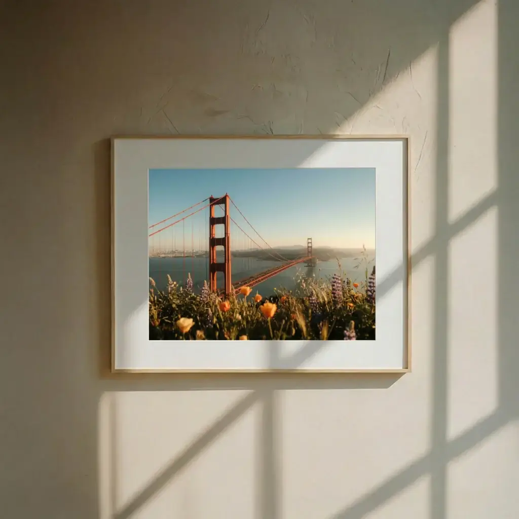 Framed photo of the Golden Gate Bridge displayed on a wall with sunlight and window shadows.