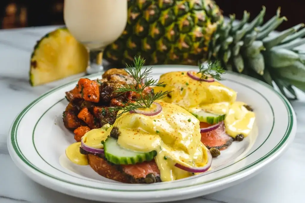 Royal Benny dish with pineapple and a drink in the background.