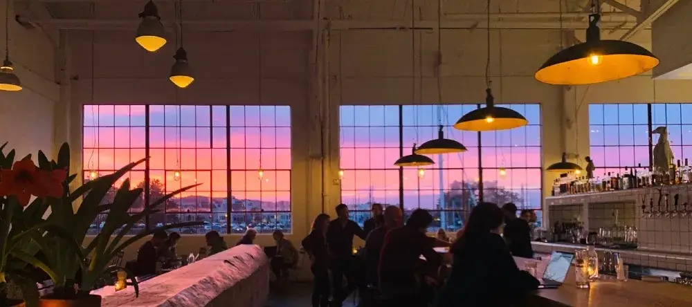 Radhaus restaurant in San Francisco, Bavarian beer Hall located in Fort Mason, Golden gate Bridge view and San Francisco Bay view