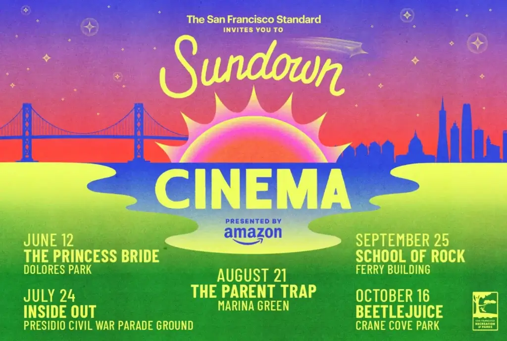 Sundown Cinema event poster listing free outdoor movie screenings in San Francisco, including Inside Out at Presidio Civil War Parade Ground on July 24.