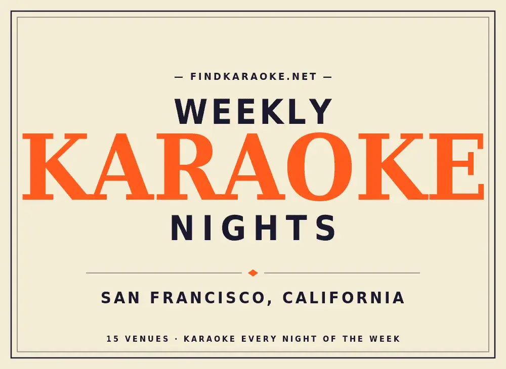 Graphic promoting weekly karaoke nights in San Francisco, California, with bold orange and navy text on a cream background.