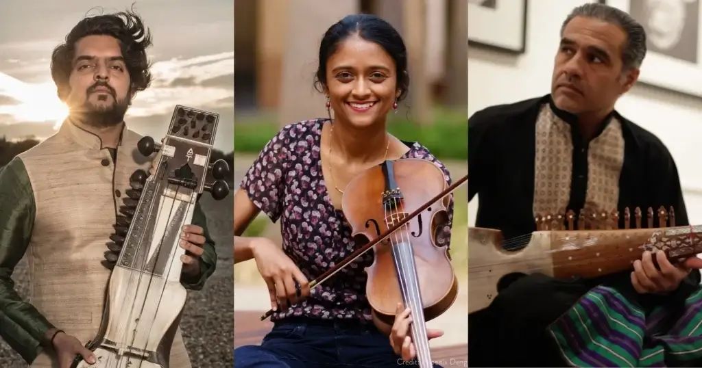 Three musicians posing with string instruments for Color Your Mind at Yerba Buena Gardens Festival in San Francisco.