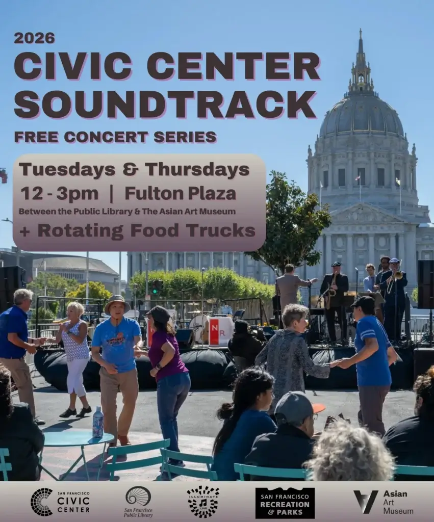 Civic Center Soundtrack free concert series in San Francisco with people dancing near Fulton Plaza and City Hall in the background.