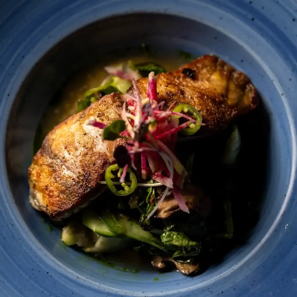 grilled fish served in broth with jalapeno and greens, hidden restaurant outside San Francisco