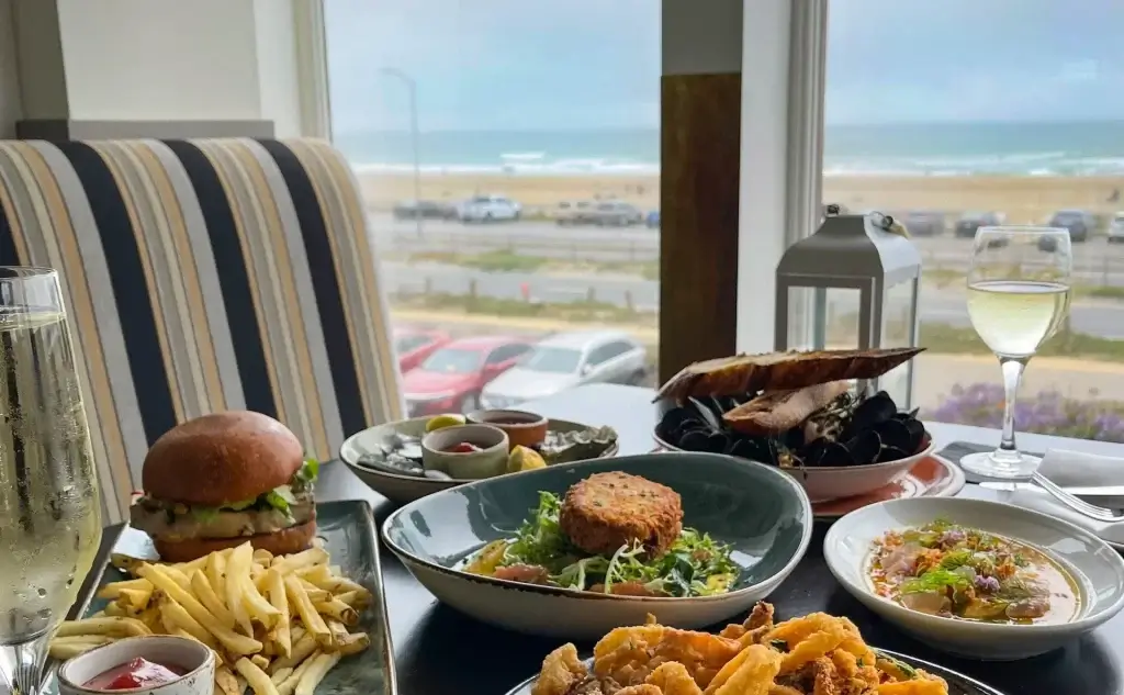 Beach Chalet brewery and restaurant in San Francisco, burger fries and seafood salads with a coastal view