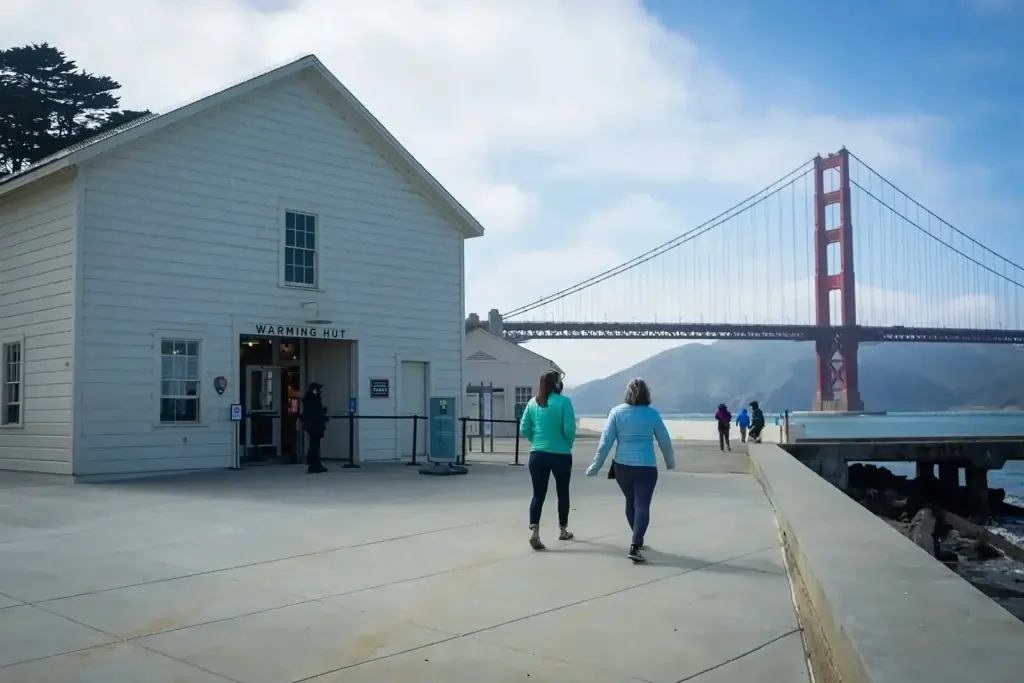 Warming Hut Park Store located at Crissy field with the Golden gate bridge in the background