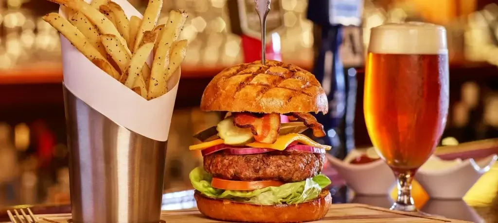 burger, beer and side of fries. Pied Piper restaurant near Oracle Park in SF