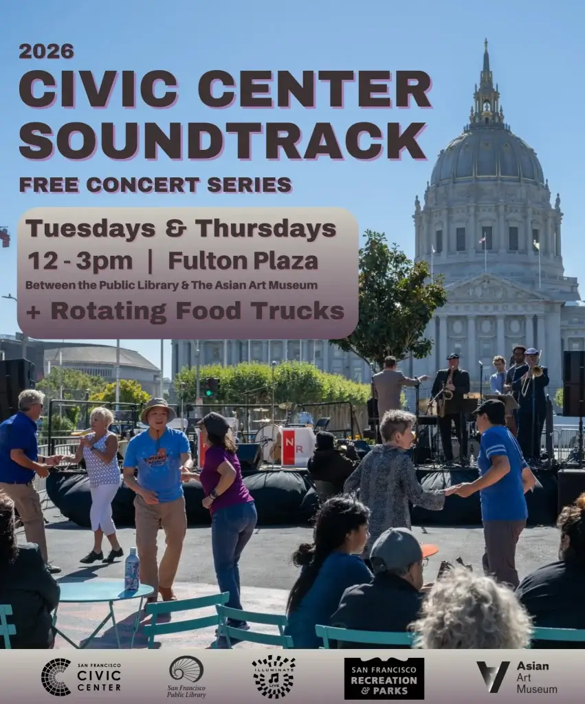 Civic Center Soundtrack poster showing people dancing at a free concert series near San Francisco City Hall.